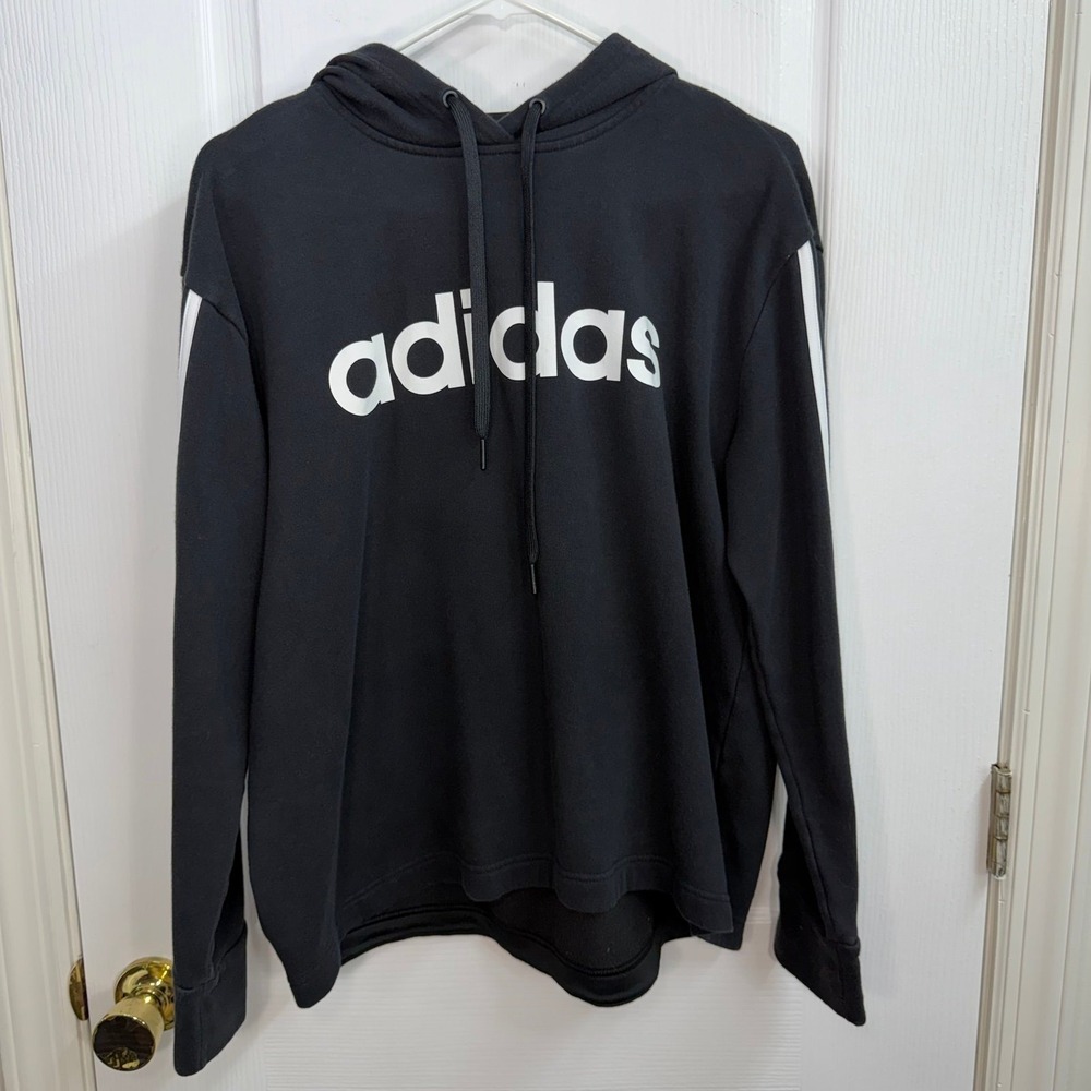 Adidas black striped sleeve pullover cotton hooded sweatshirt casual lounge L
